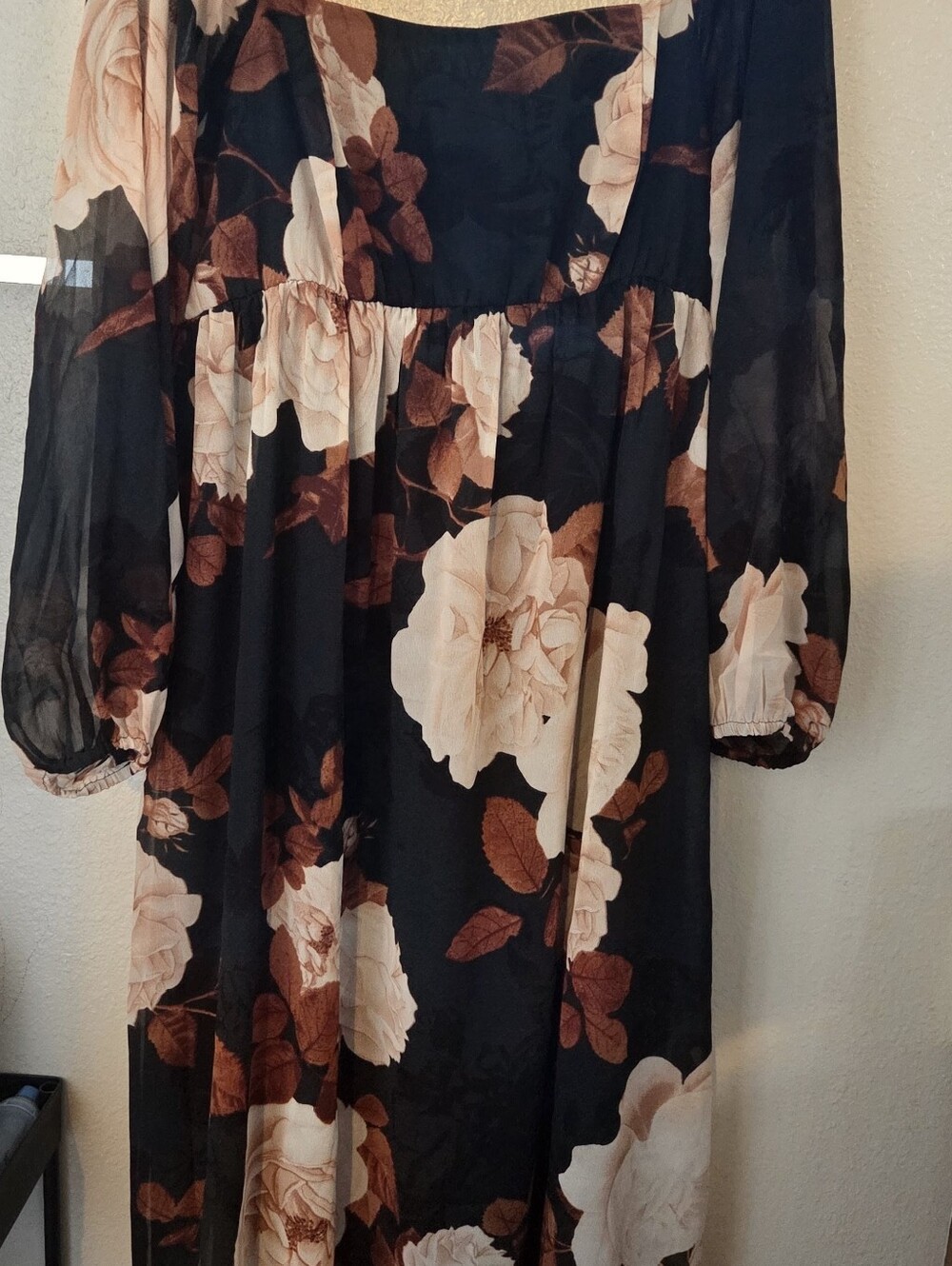 London Times Maxi Dress in Black, Ivory Flowers, Rusty Orange Leaves